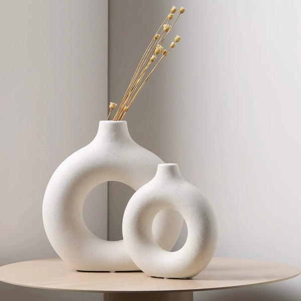 ドーナツ陶器花瓶 円形 シンプル セラミック花瓶 北欧スタイル 装飾 リビングルーム つや消し陶器 かびん フラワーベース – home-deco