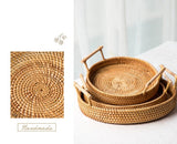 手織りトレー 籐かご ハンドル付き  和風収納  装飾トレイ 籐製手作りベーキングトレイ