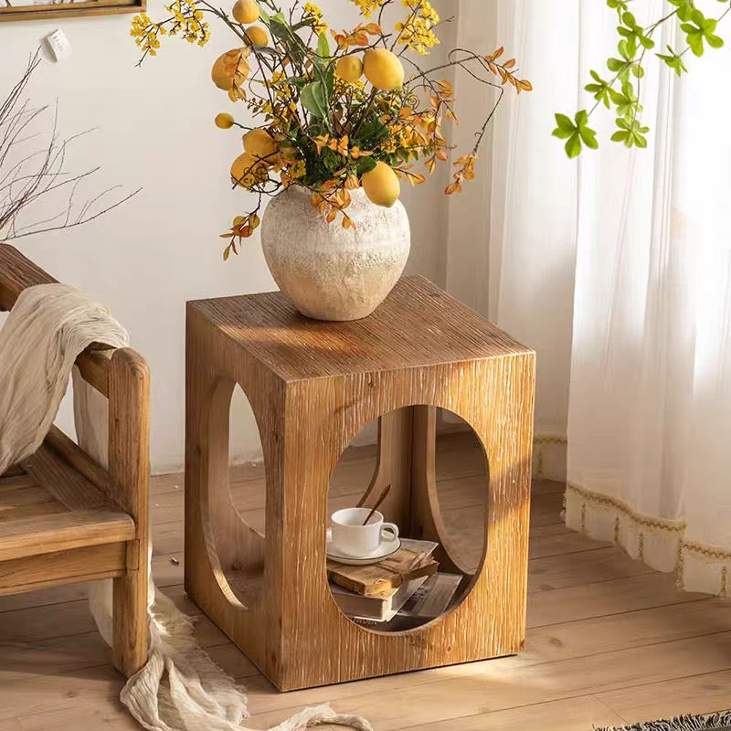 古材天然木サイドテーブル コーヒーテーブル 無垢材収納テーブル 木製 