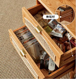 無垢材サイドテーブル　天然木　収納　棚　雑誌　本棚　コーヒー　ソファー 籐編みのサイドテーブル 引き出し付きベッドサイドテーブル