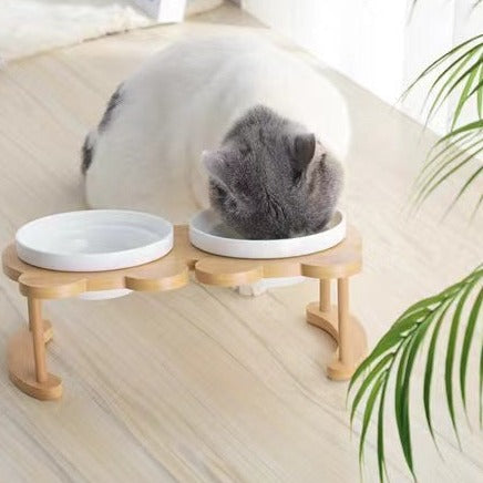 竹製スタンド 取り外し可能ペットボウル 食器 犬猫用 餌入れ 陶磁器  両用 ペット用フードボウル